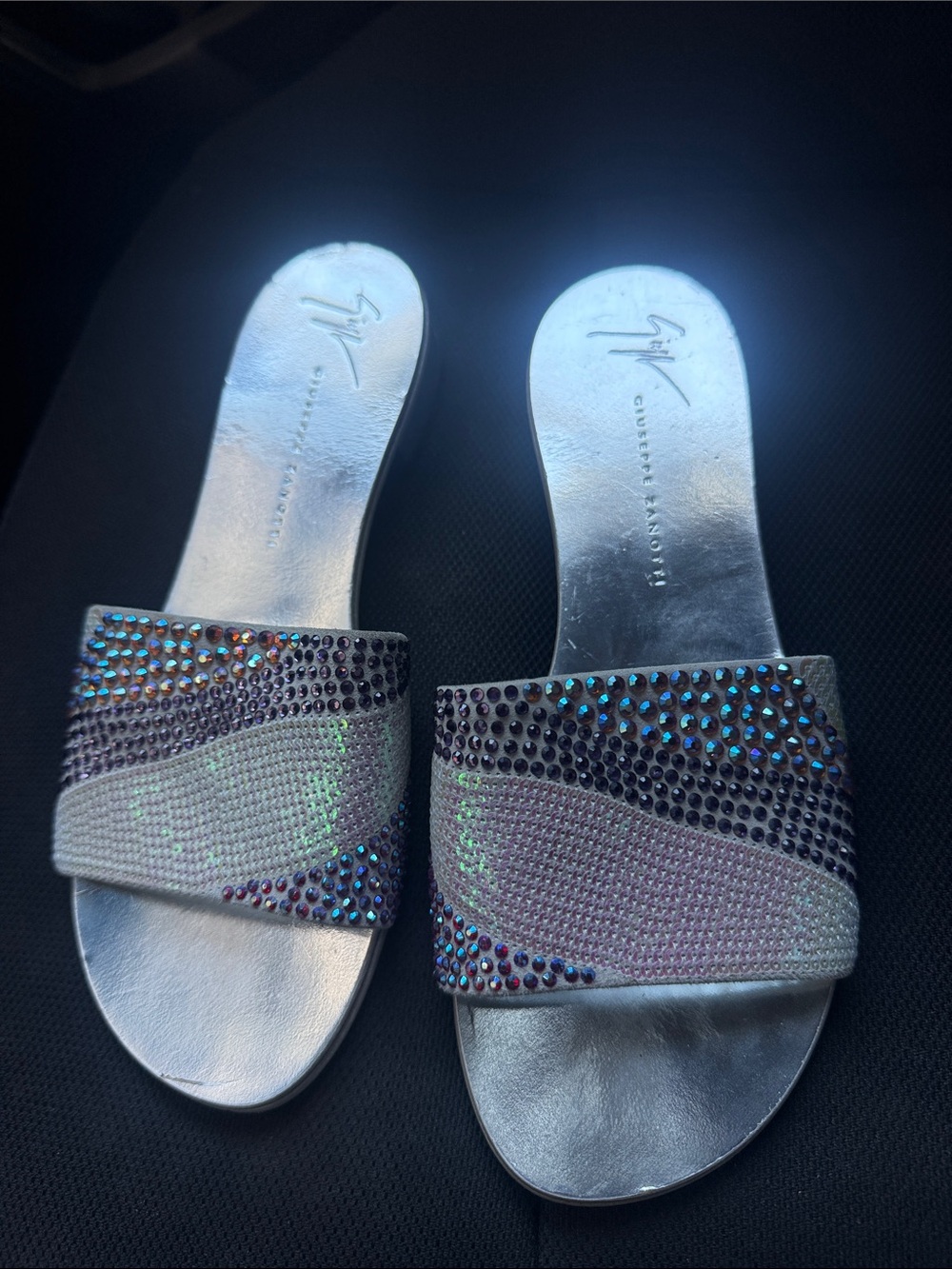 Giuseppe Zanotti Iridescent Crystal Slide Sandals - Silver
